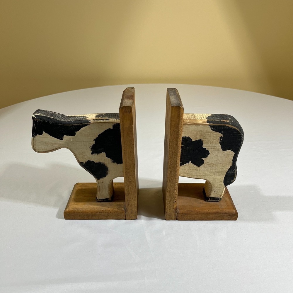 Vintage Wooden Cow Bookends Rustic Country Farmhouse Folk Art Figurines Pair